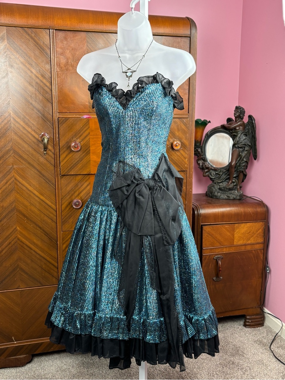 Vintage Teal Ruffled Evening Dress with Black Bow XXS - Picture 5 of 6